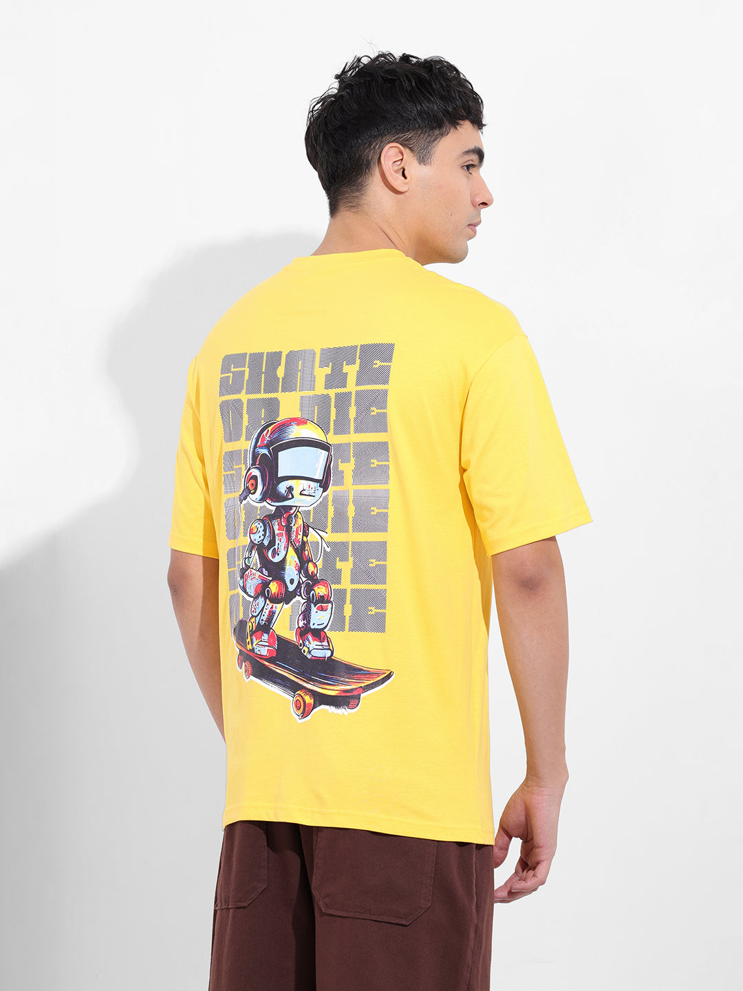 Men's Yellow Boxy Oversized Graphic Back Printed Round Neck T-shirt