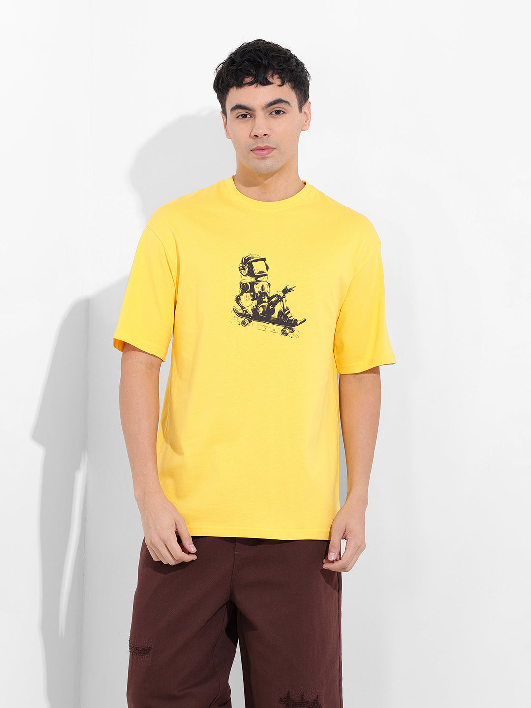 Men's Yellow Boxy Oversized Graphic Back Printed Round Neck T-shirt