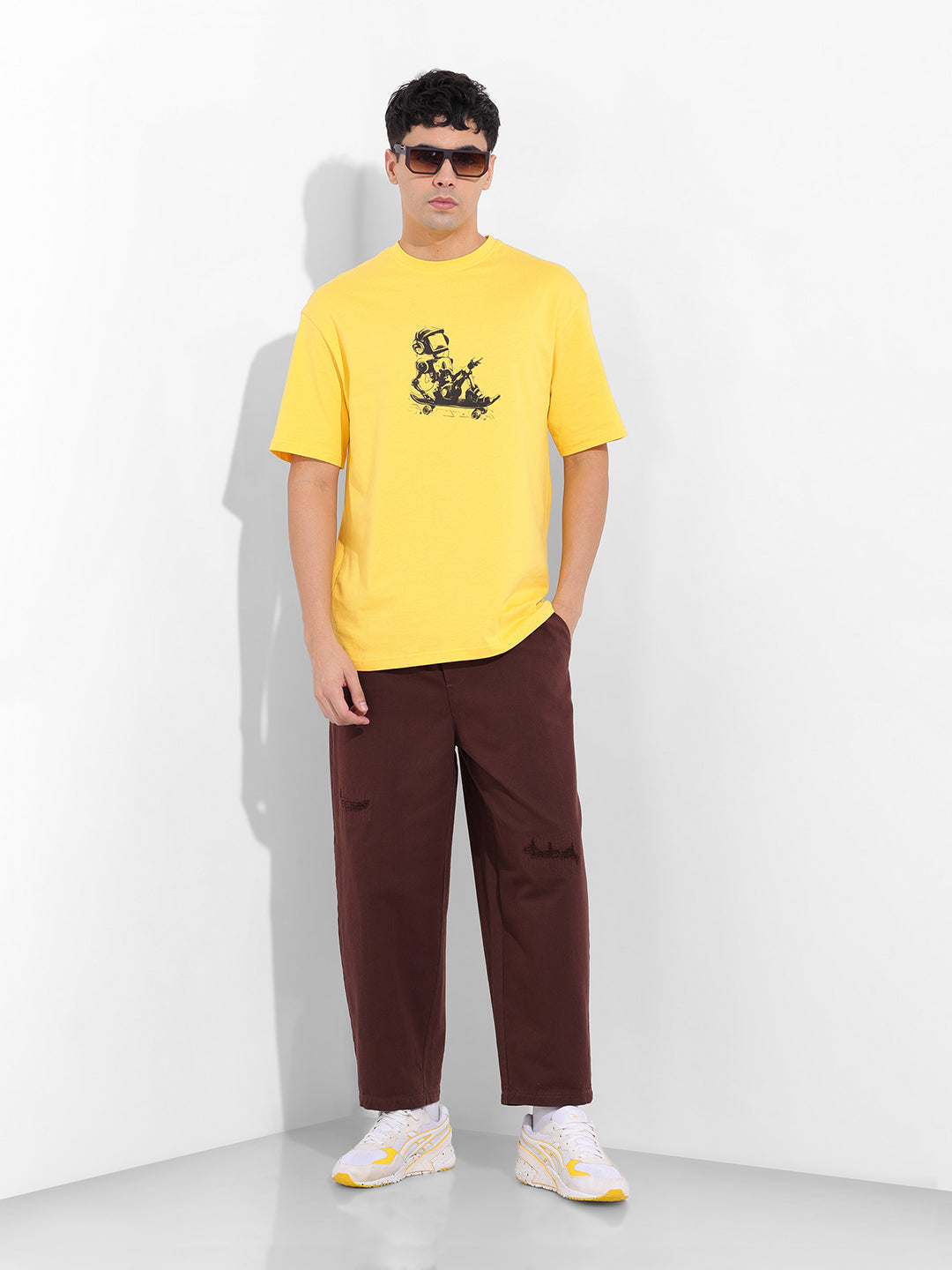 Men's Yellow Boxy Oversized Graphic Back Printed Round Neck T-shirt