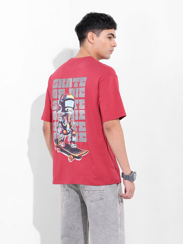 Men's Red Boxy Oversized Graphic Back Printed Round Neck T-shirt