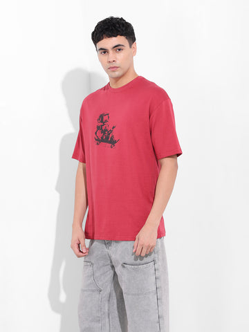 Men's Red Boxy Oversized Graphic Back Printed Round Neck T-shirt