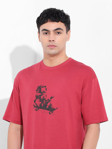 Men's Red Boxy Oversized Graphic Back Printed Round Neck T-shirt