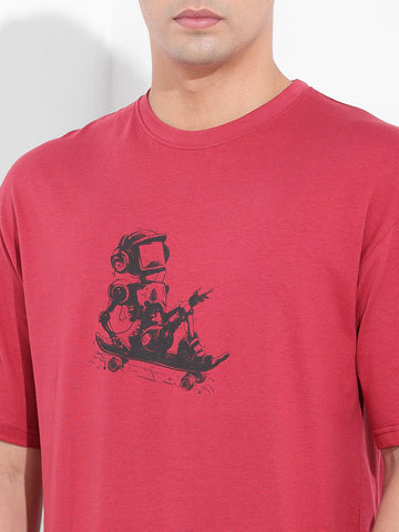 Men's Red Boxy Oversized Graphic Back Printed Round Neck T-shirt