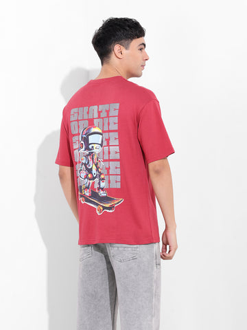 Men's Red Boxy Oversized Graphic Back Printed Round Neck T-shirt