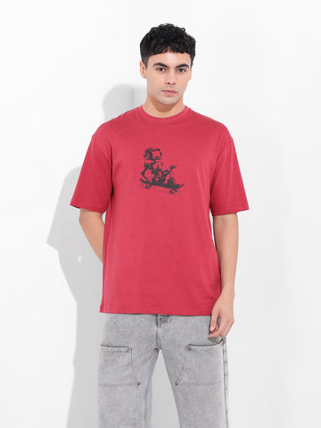 Men's Red Boxy Oversized Graphic Back Printed Round Neck T-shirt