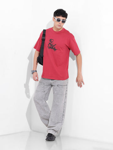 Men's Red Boxy Oversized Graphic Back Printed Round Neck T-shirt