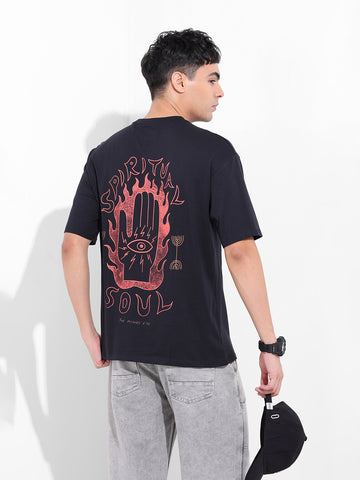 Men's Black Boxy Oversized Graphic Back Printed Round Neck T-shirt