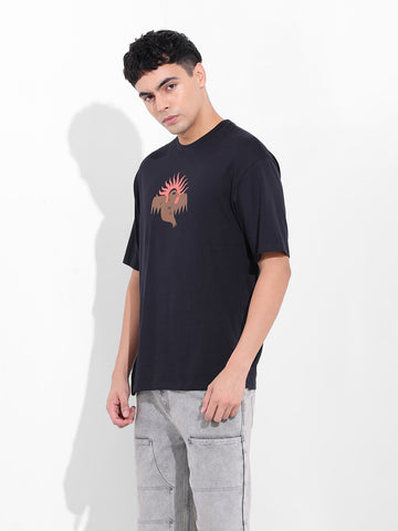 Men's Black Boxy Oversized Graphic Back Printed Round Neck T-shirt