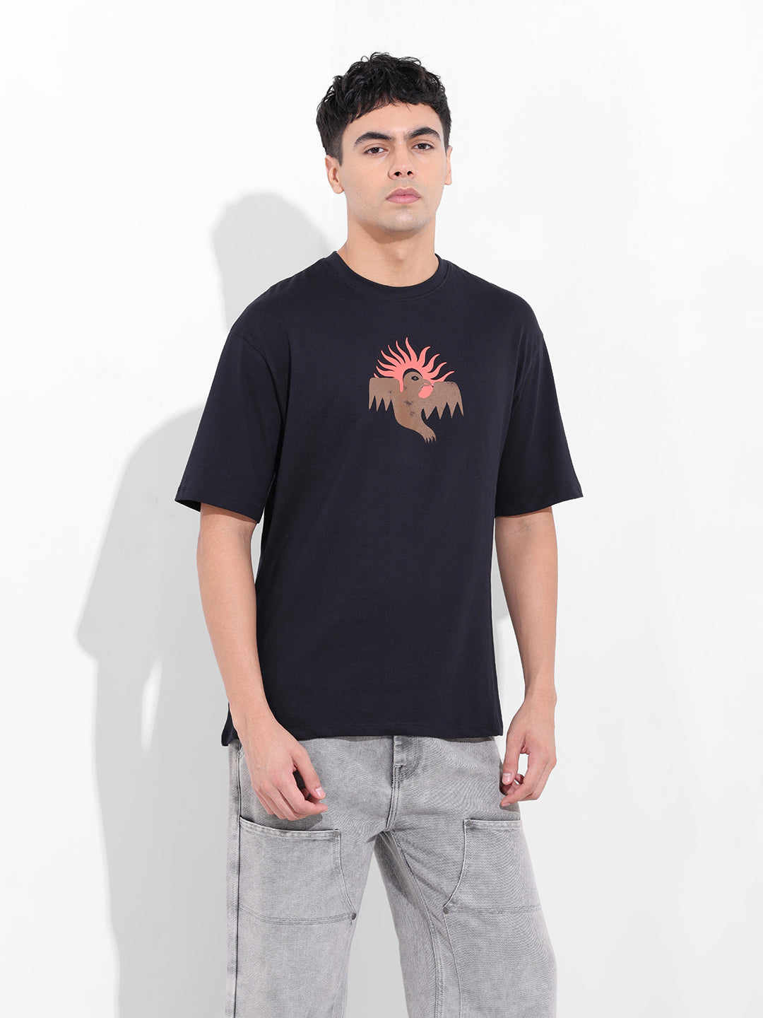 Men's Black Boxy Oversized Graphic Back Printed Round Neck T-shirt