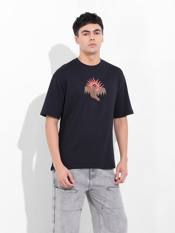 Men's Black Boxy Oversized Graphic Back Printed Round Neck T-shirt