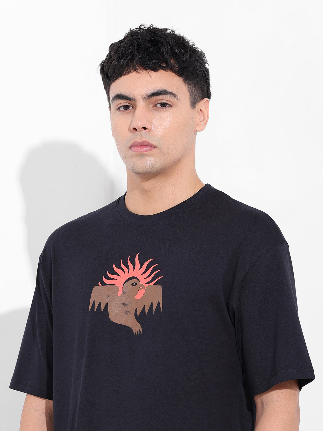 Men's Black Boxy Oversized Graphic Back Printed Round Neck T-shirt