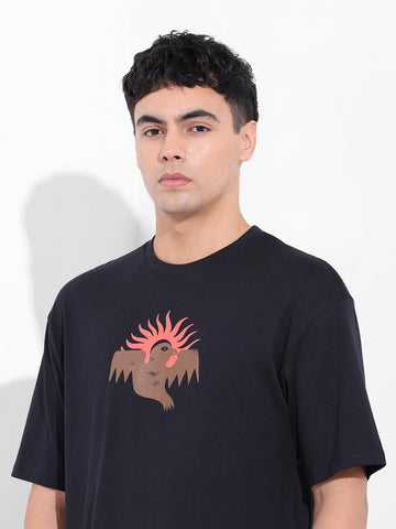 Men's Black Boxy Oversized Graphic Back Printed Round Neck T-shirt