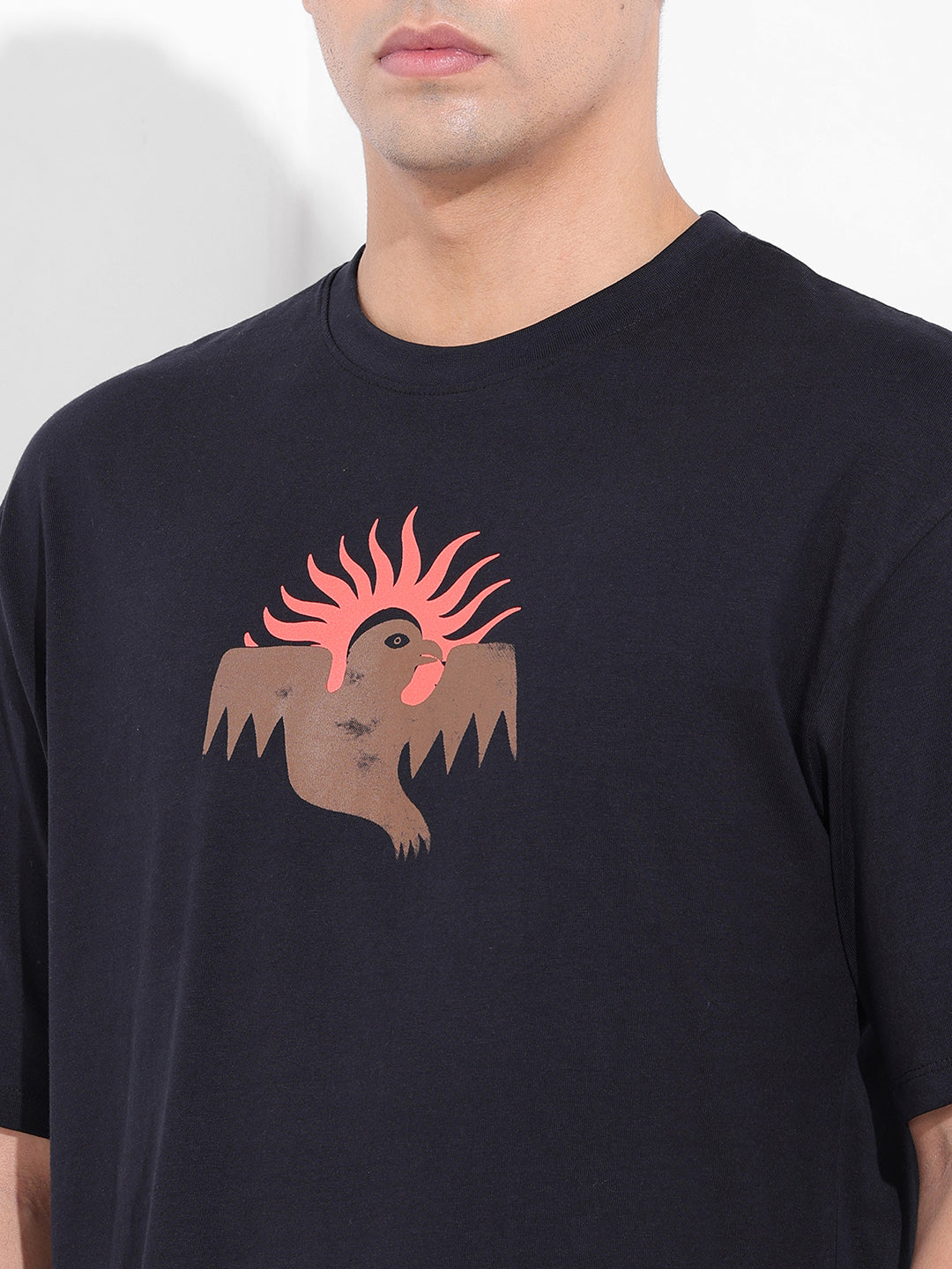 Men's Black Boxy Oversized Graphic Back Printed Round Neck T-shirt