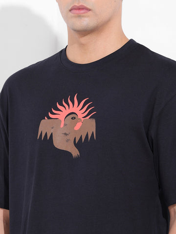 Men's Black Boxy Oversized Graphic Back Printed Round Neck T-shirt