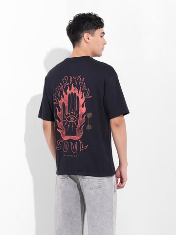 Men's Black Boxy Oversized Graphic Back Printed Round Neck T-shirt