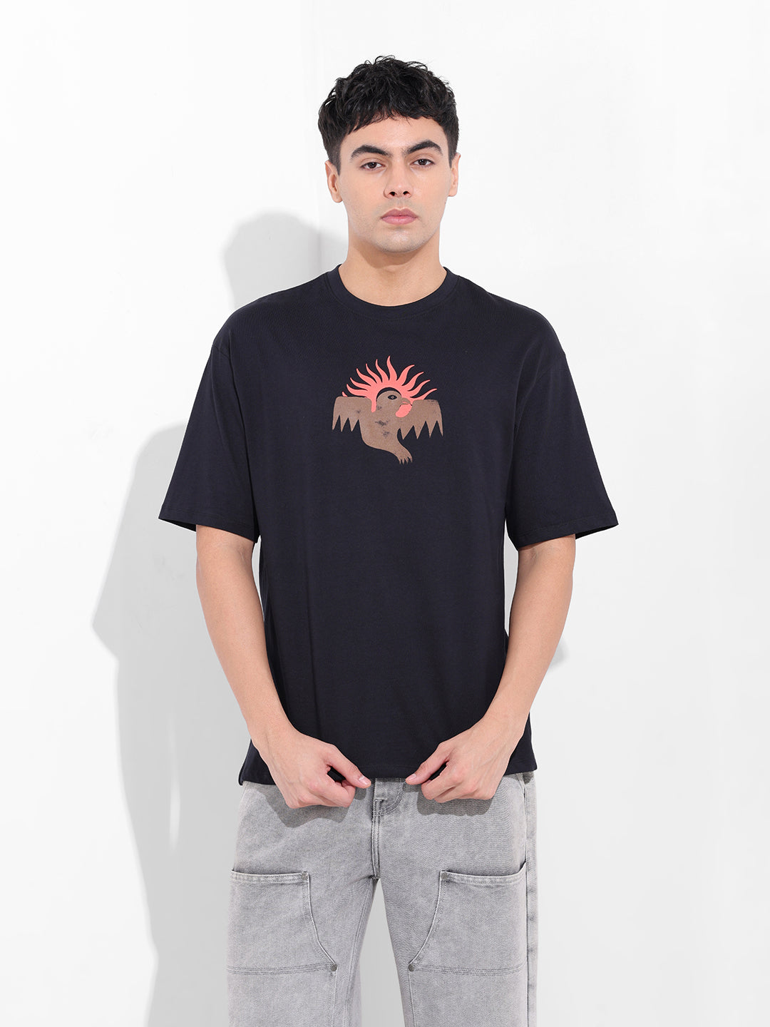 Men's Black Boxy Oversized Graphic Back Printed Round Neck T-shirt