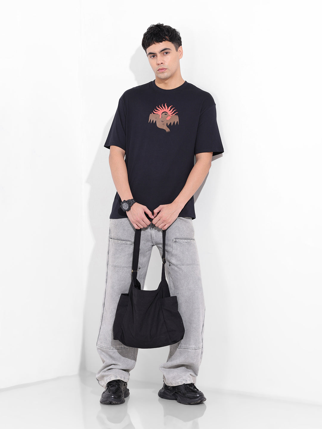 Men's Black Boxy Oversized Graphic Back Printed Round Neck T-shirt