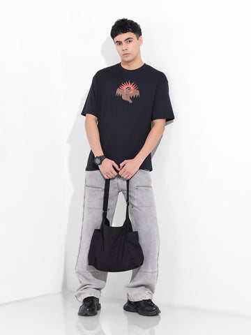 Men's Black Boxy Oversized Graphic Back Printed Round Neck T-shirt