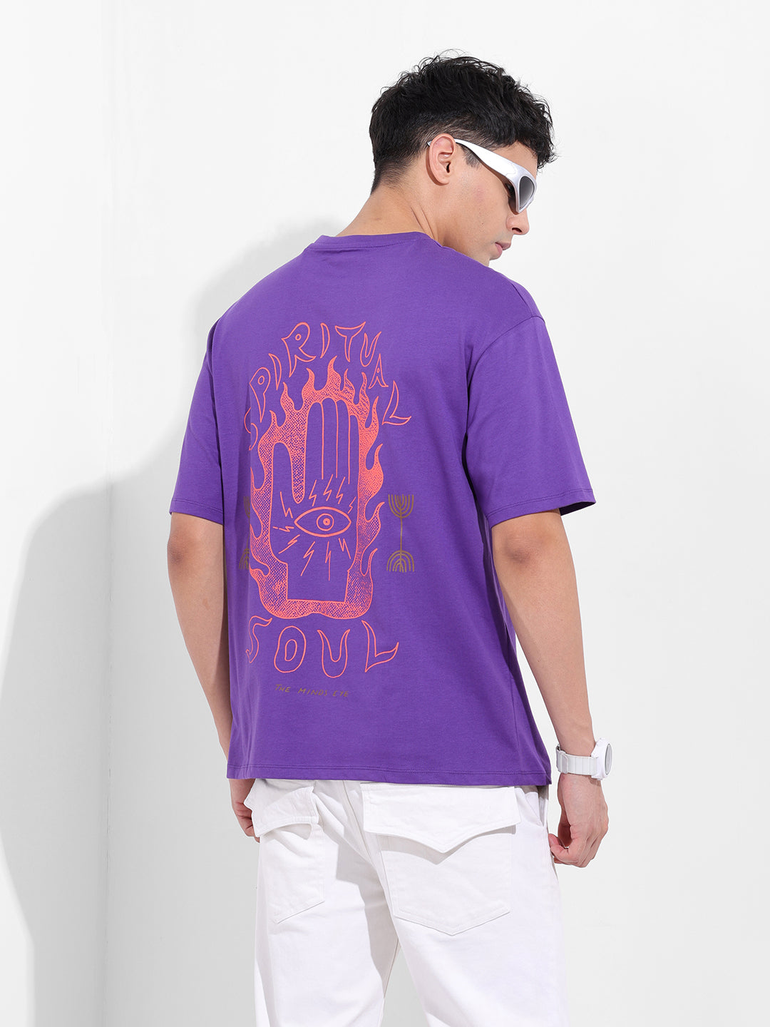 Men's Purple Boxy Oversized Graphic Back Printed Round Neck T-shirt