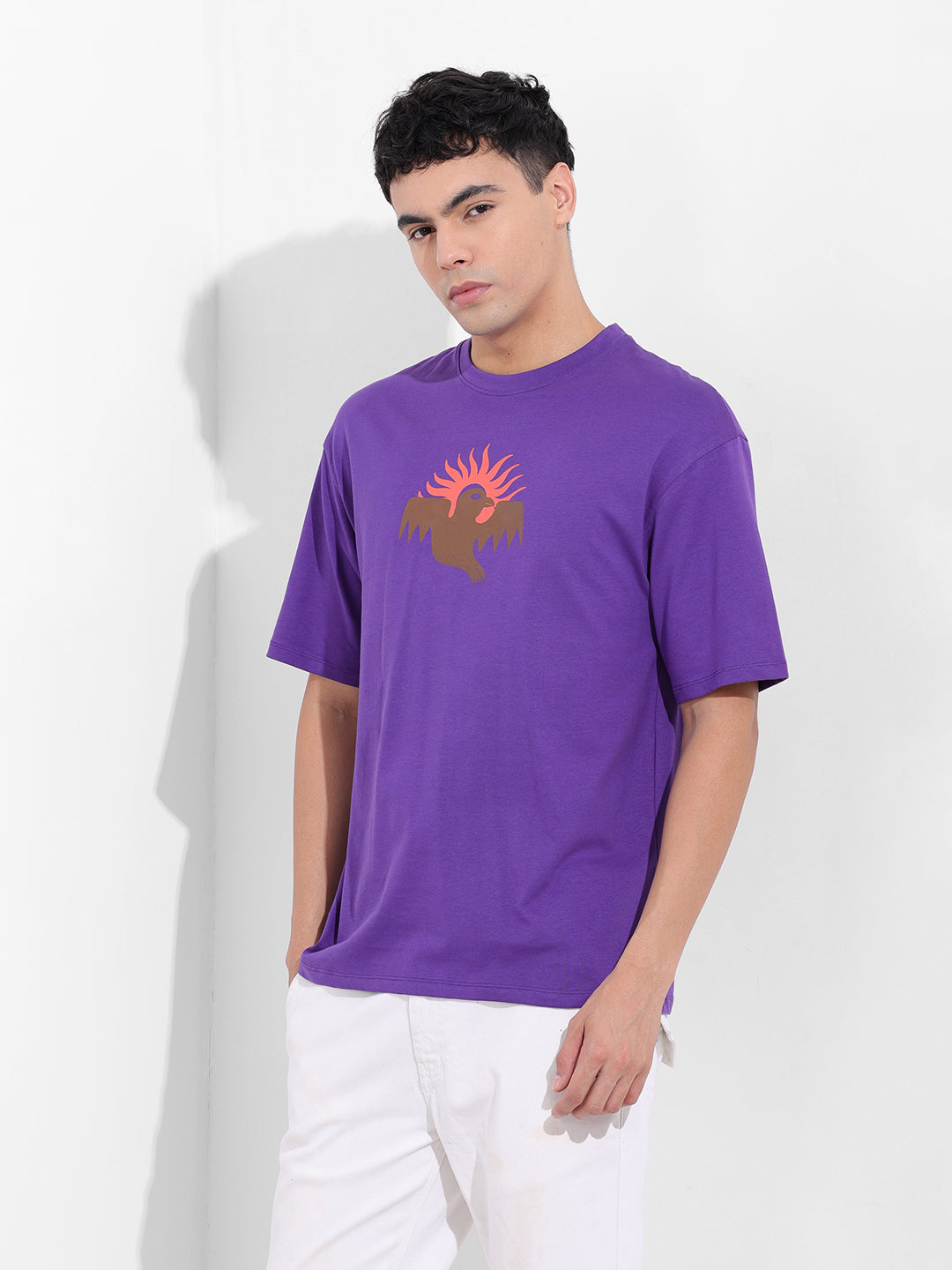 Men's Purple Boxy Oversized Graphic Back Printed Round Neck T-shirt
