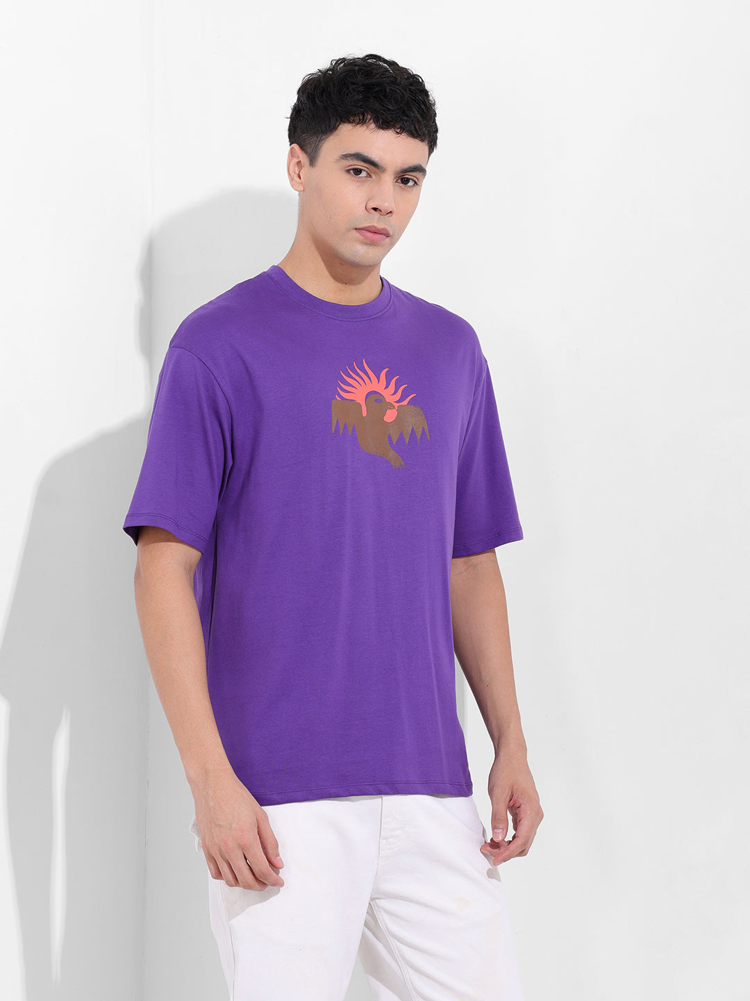 Men's Purple Boxy Oversized Graphic Back Printed Round Neck T-shirt