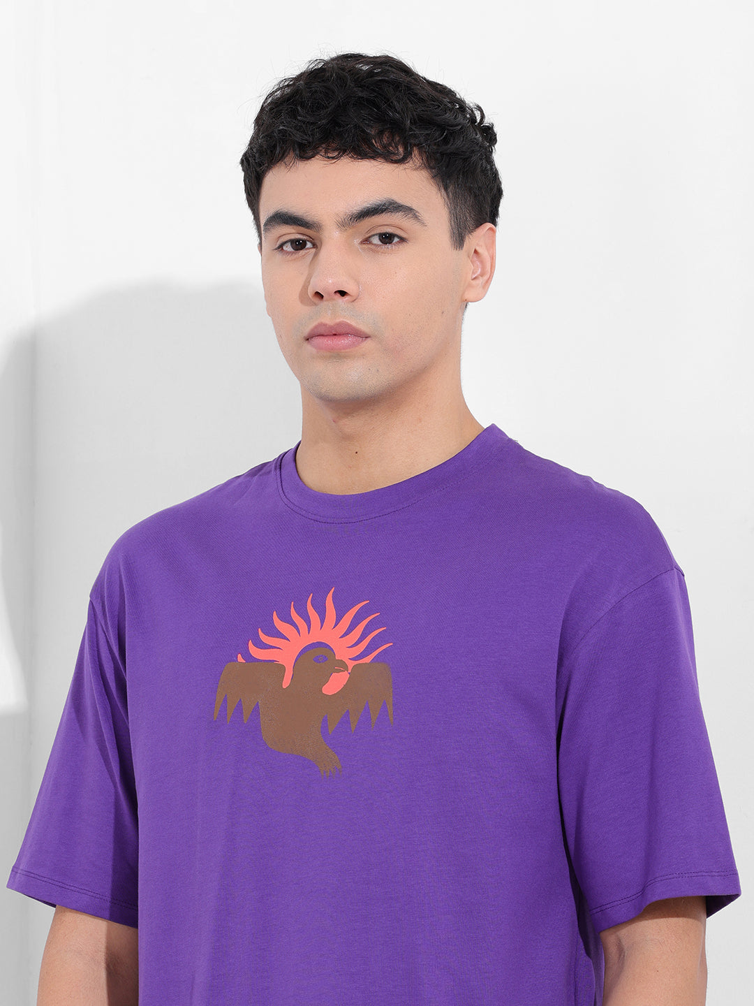 Men's Purple Boxy Oversized Graphic Back Printed Round Neck T-shirt
