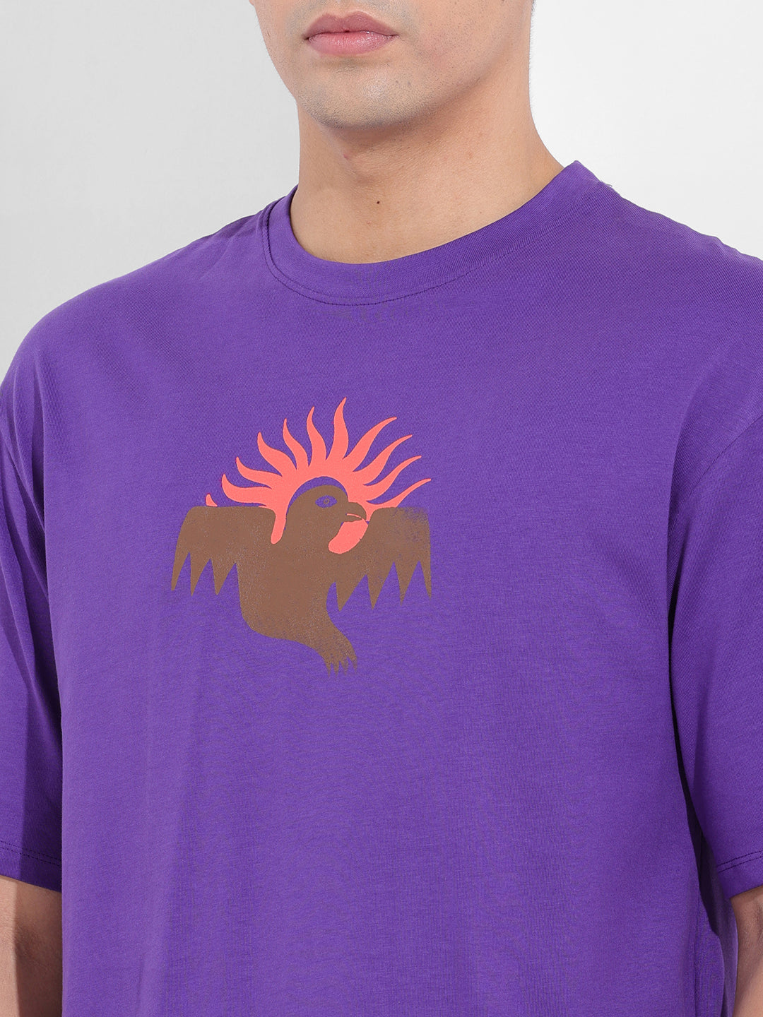 Men's Purple Boxy Oversized Graphic Back Printed Round Neck T-shirt