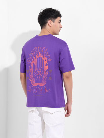 Men's Purple Boxy Oversized Graphic Back Printed Round Neck T-shirt