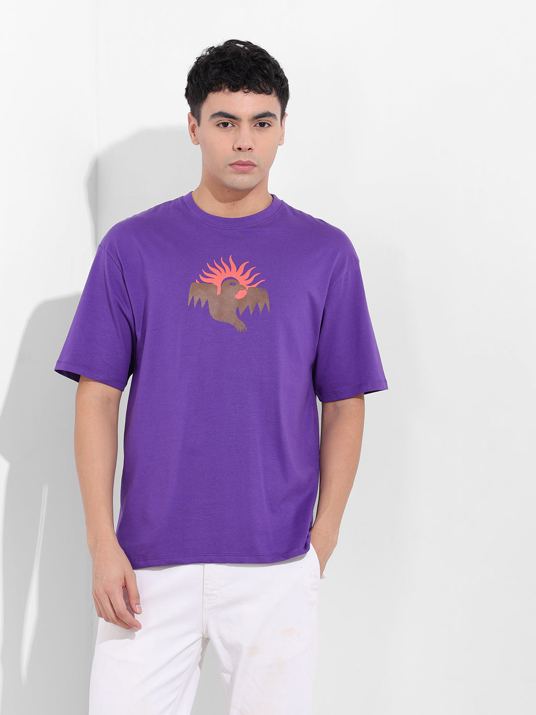 Men's Purple Boxy Oversized Graphic Back Printed Round Neck T-shirt