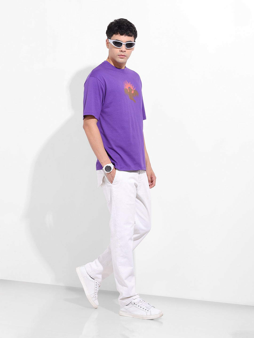 Men's Purple Boxy Oversized Graphic Back Printed Round Neck T-shirt