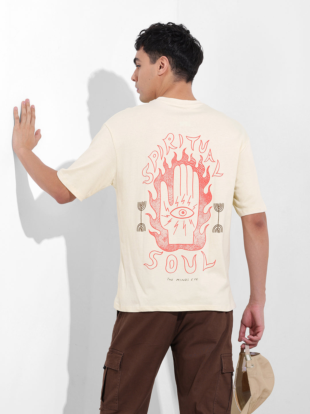 Men's Beige Boxy Oversized Graphic Back Printed Round Neck T-shirt
