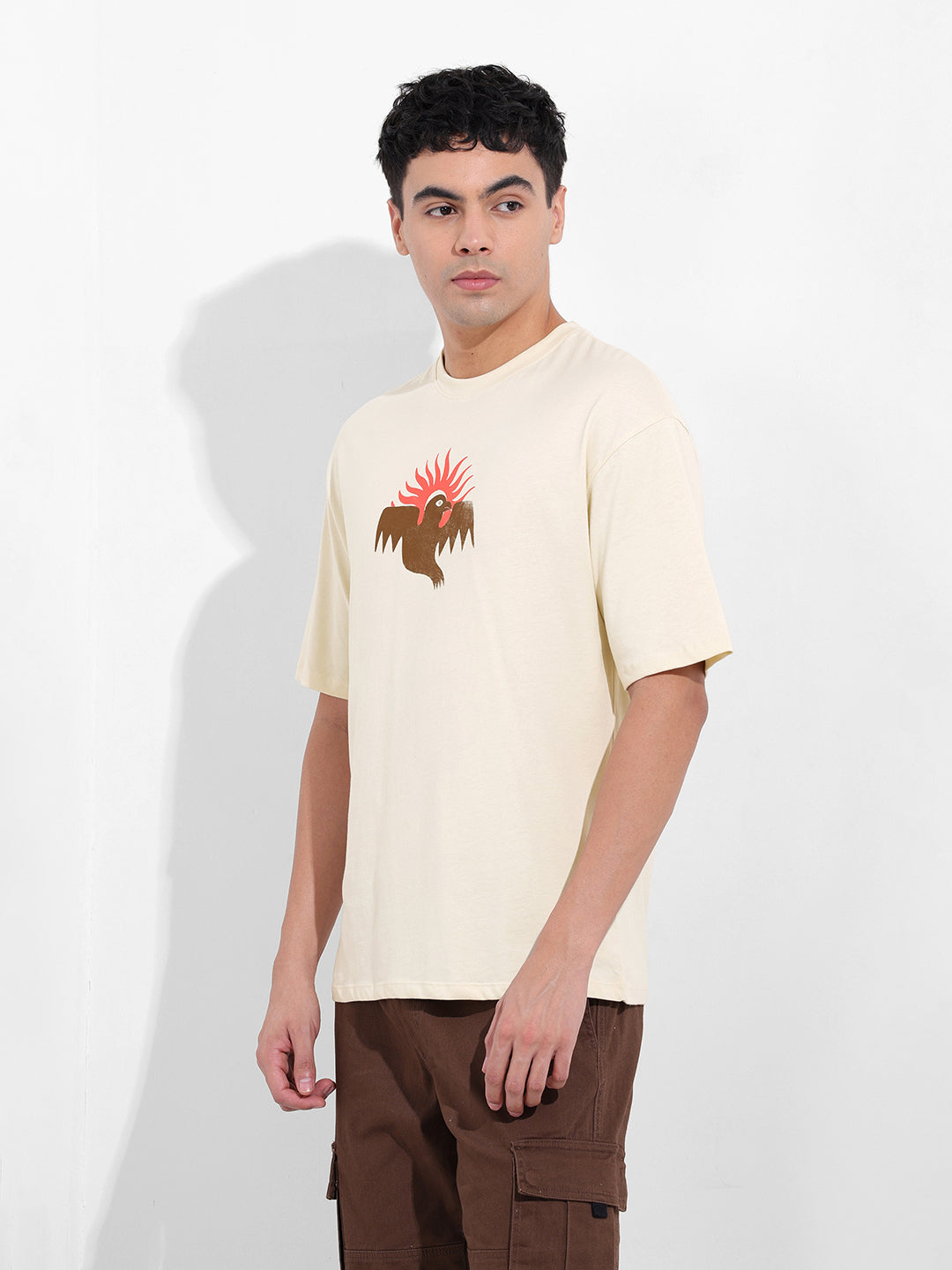 Men's Beige Boxy Oversized Graphic Back Printed Round Neck T-shirt