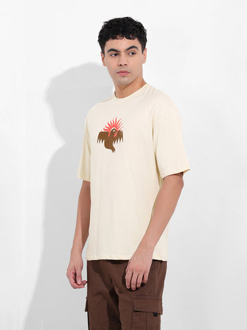 Men's Beige Boxy Oversized Graphic Back Printed Round Neck T-shirt