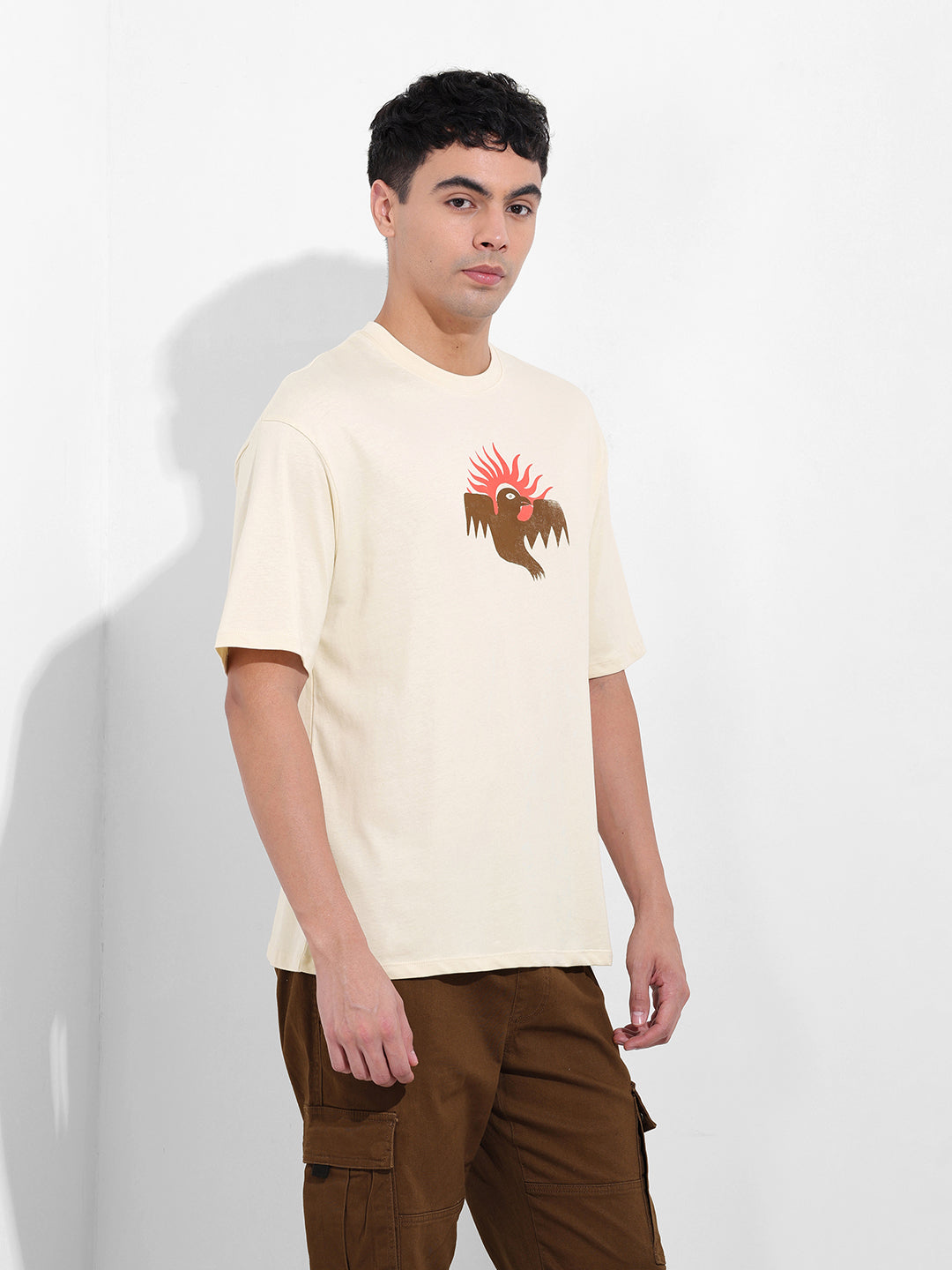 Men's Beige Boxy Oversized Graphic Back Printed Round Neck T-shirt
