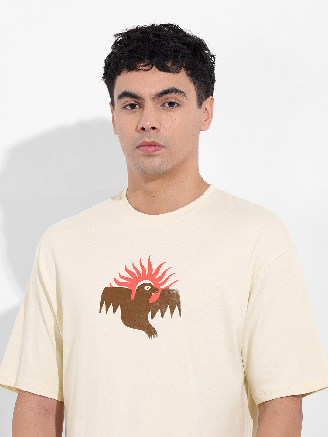 Men's Beige Boxy Oversized Graphic Back Printed Round Neck T-shirt