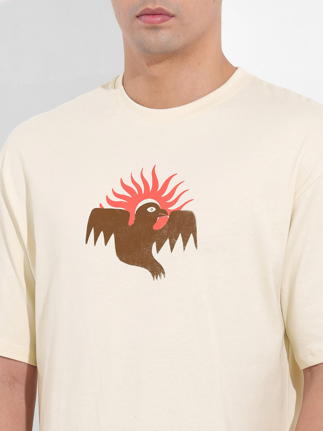 Men's Beige Boxy Oversized Graphic Back Printed Round Neck T-shirt