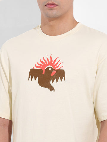 Men's Beige Boxy Oversized Graphic Back Printed Round Neck T-shirt