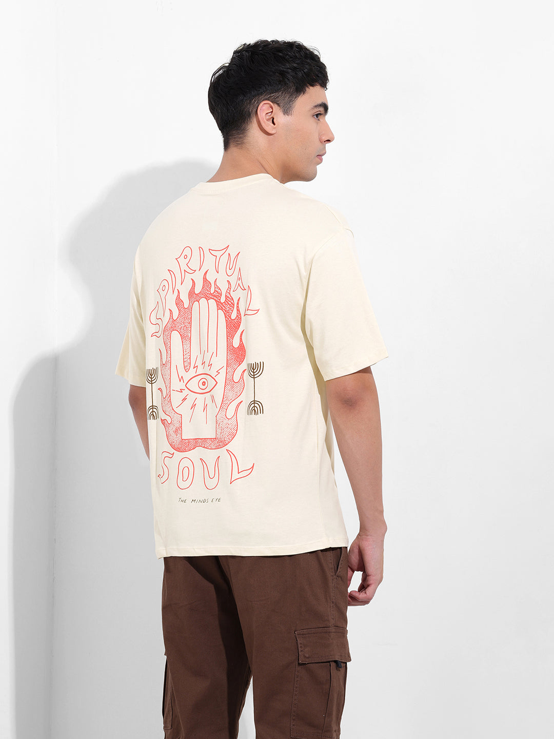 Men's Beige Boxy Oversized Graphic Back Printed Round Neck T-shirt