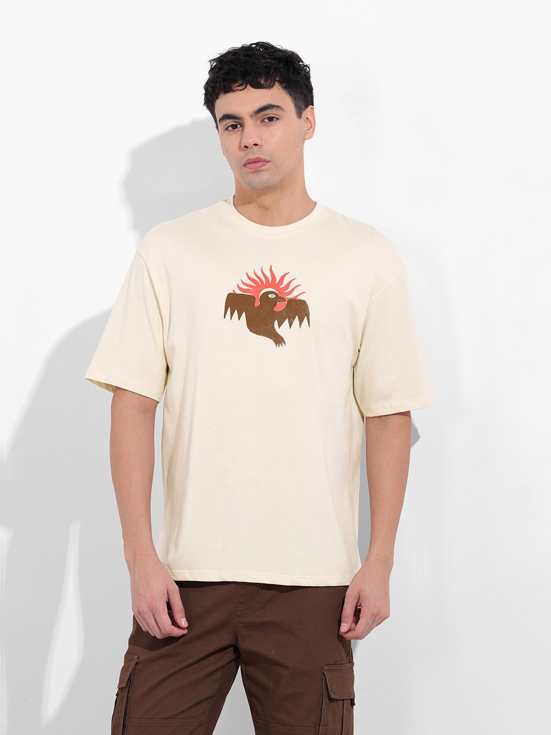 Men's Beige Boxy Oversized Graphic Back Printed Round Neck T-shirt