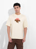 Men's Beige Boxy Oversized Graphic Back Printed Round Neck T-shirt