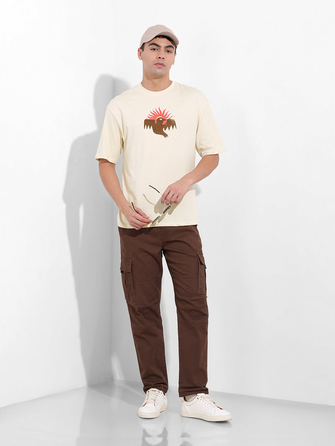 Men's Beige Boxy Oversized Graphic Back Printed Round Neck T-shirt