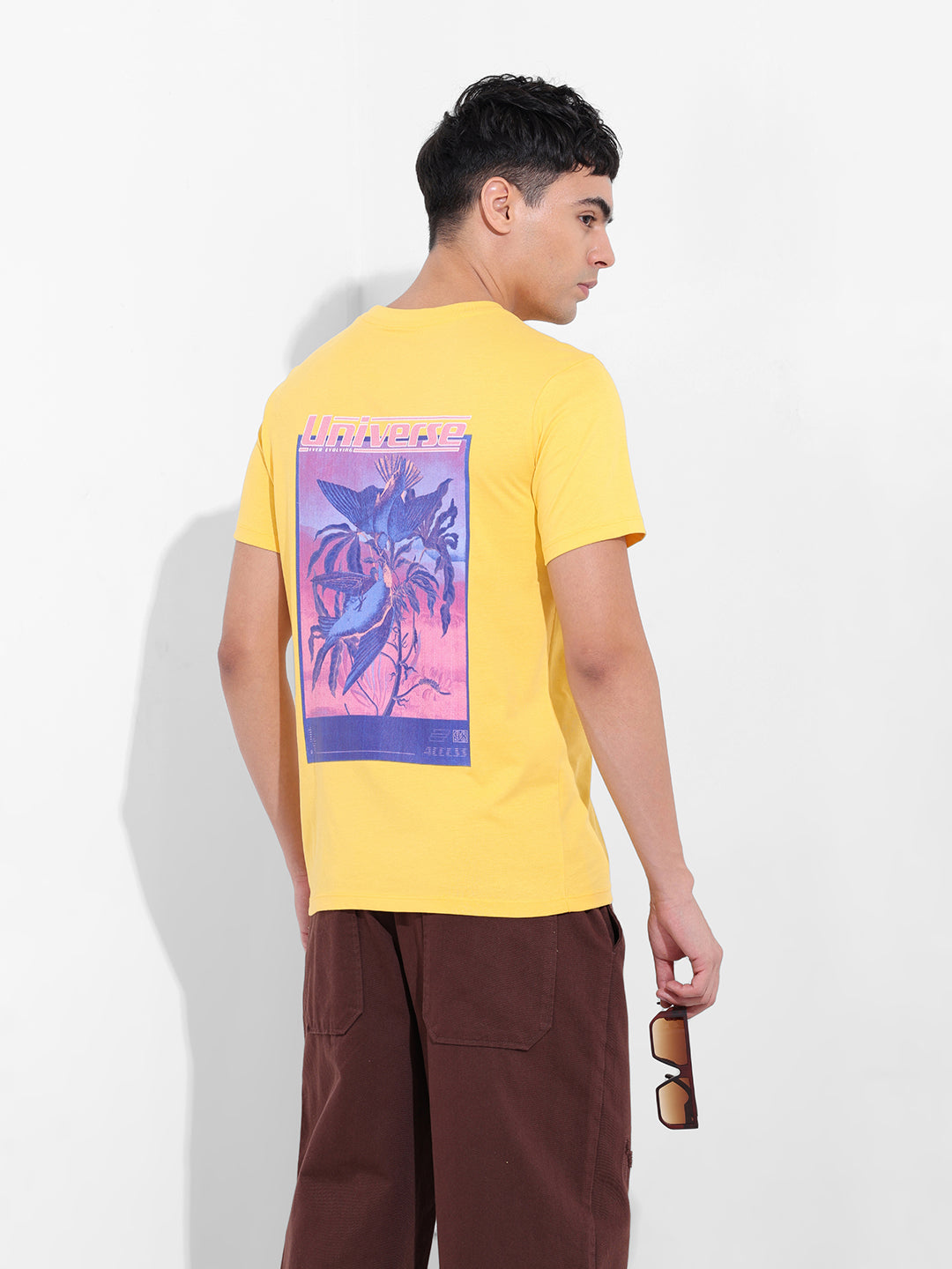 Men's Yellow Slim Fit Graphic Back Printed Round Neck T-shirt
