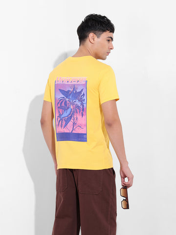 Men's Yellow Slim Fit Graphic Back Printed Round Neck T-shirt
