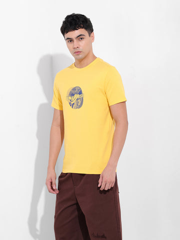 Men's Yellow Slim Fit Graphic Back Printed Round Neck T-shirt