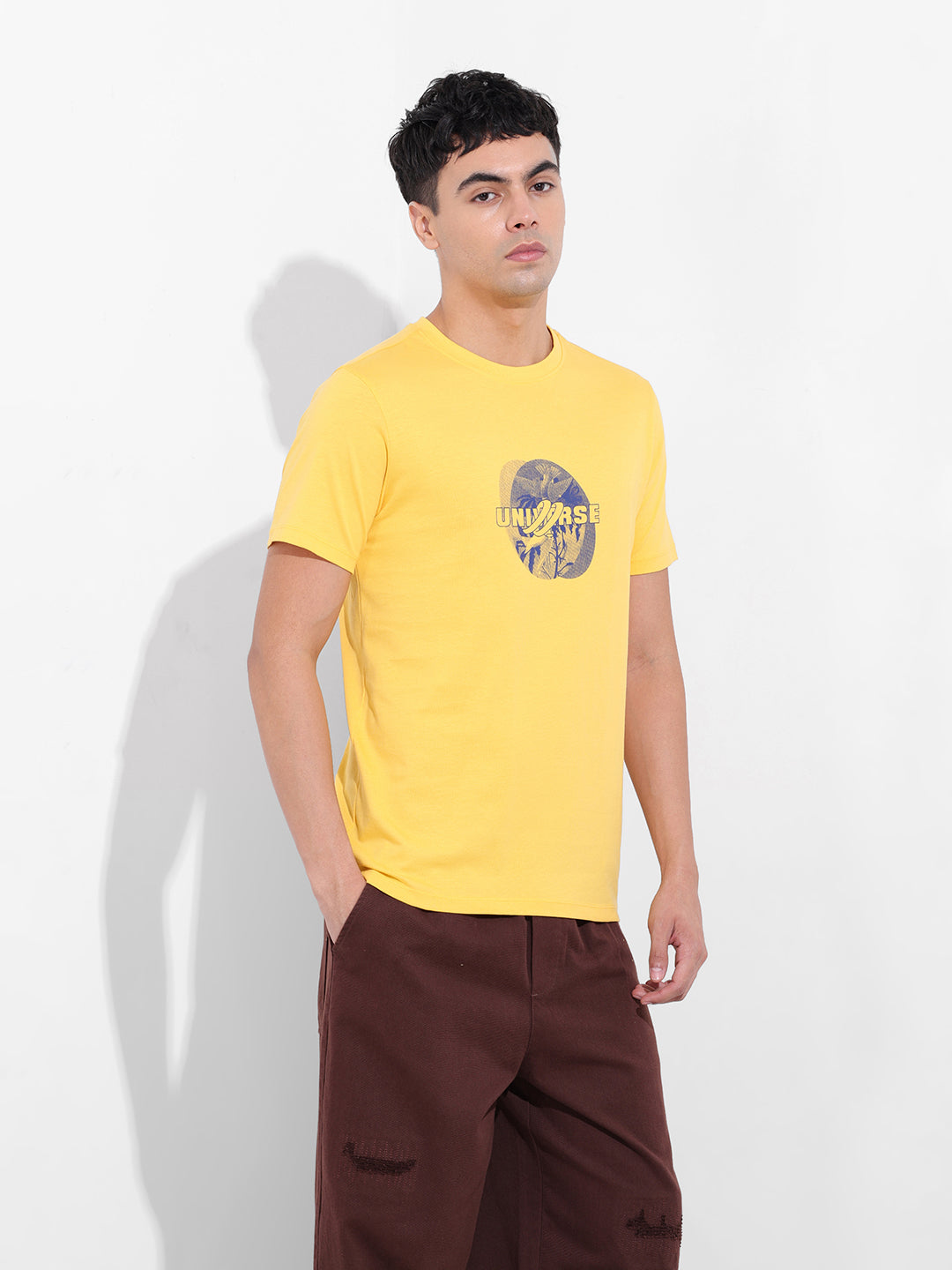 Men's Yellow Slim Fit Graphic Back Printed Round Neck T-shirt