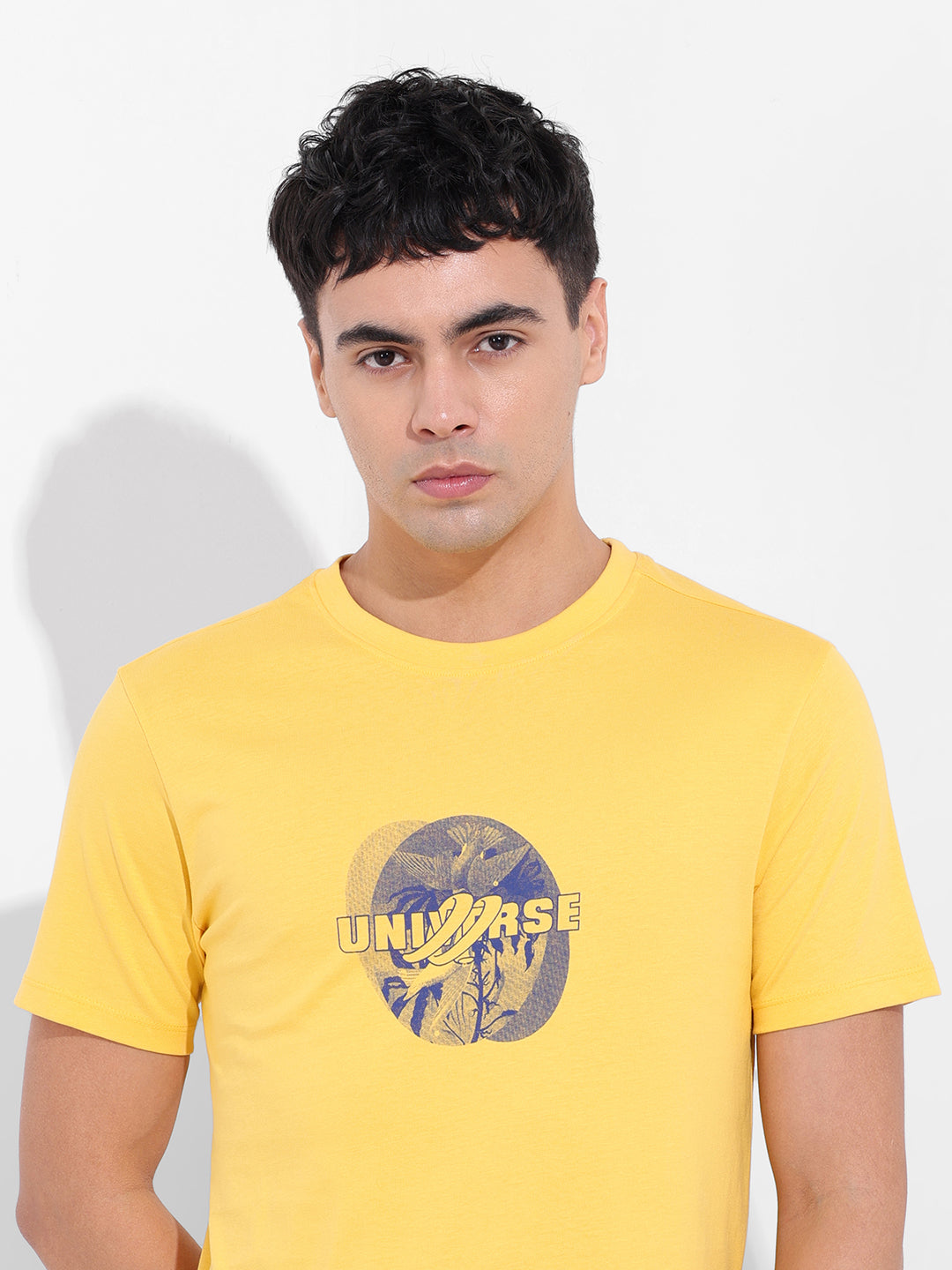 Men's Yellow Slim Fit Graphic Back Printed Round Neck T-shirt
