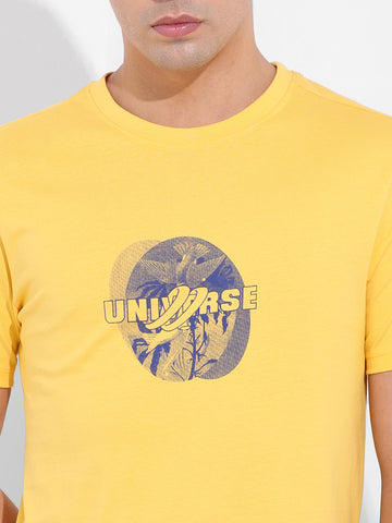 Men's Yellow Slim Fit Graphic Back Printed Round Neck T-shirt