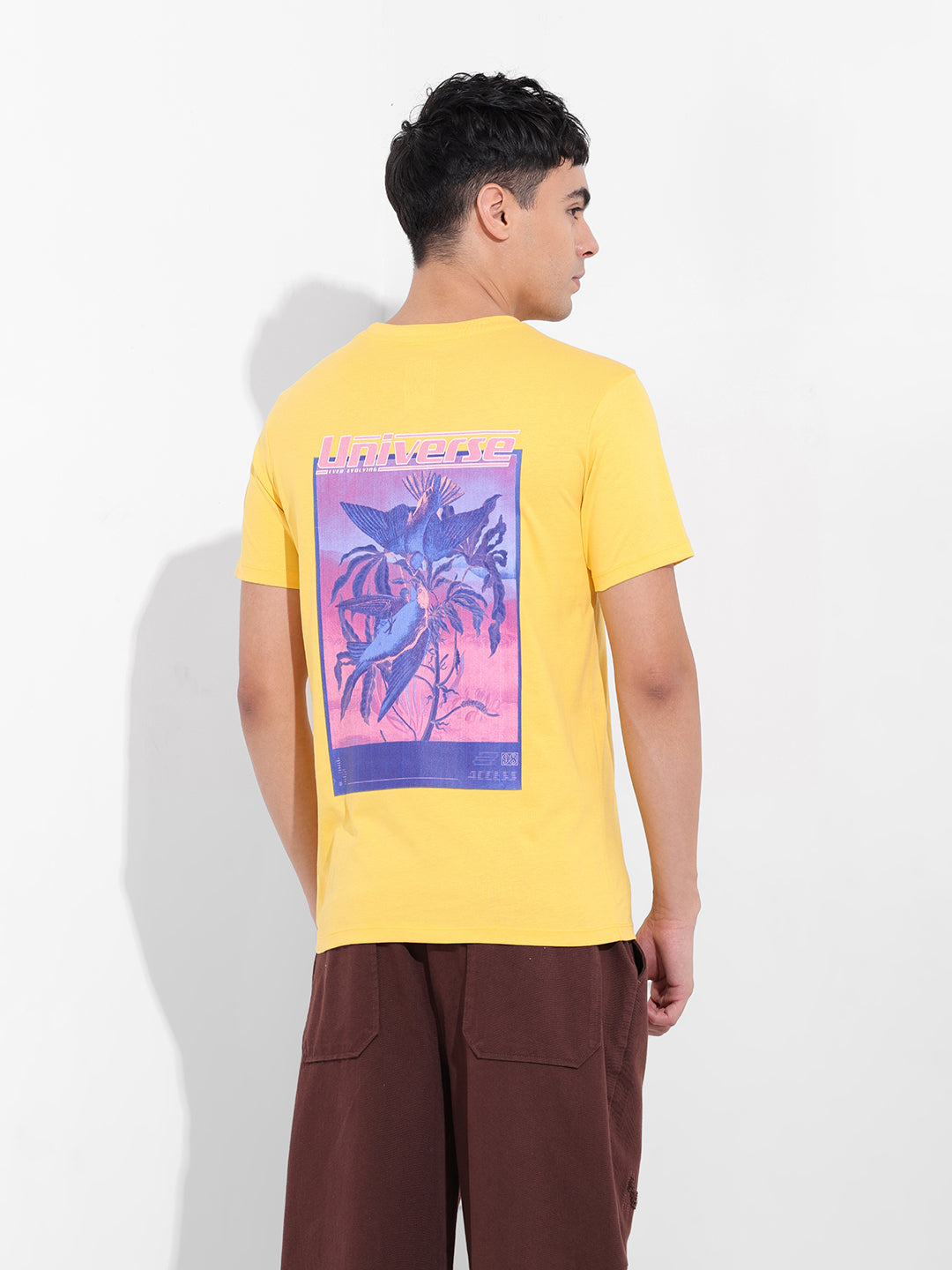 Men's Yellow Slim Fit Graphic Back Printed Round Neck T-shirt