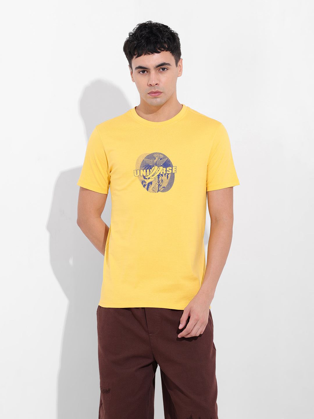 Men's Yellow Slim Fit Graphic Back Printed Round Neck T-shirt