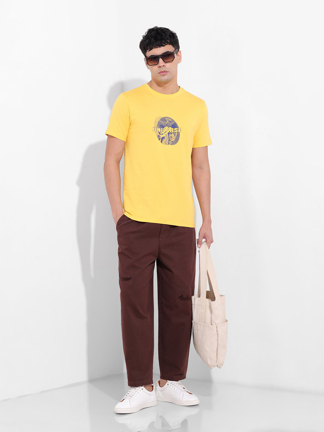 Men's Yellow Slim Fit Graphic Back Printed Round Neck T-shirt